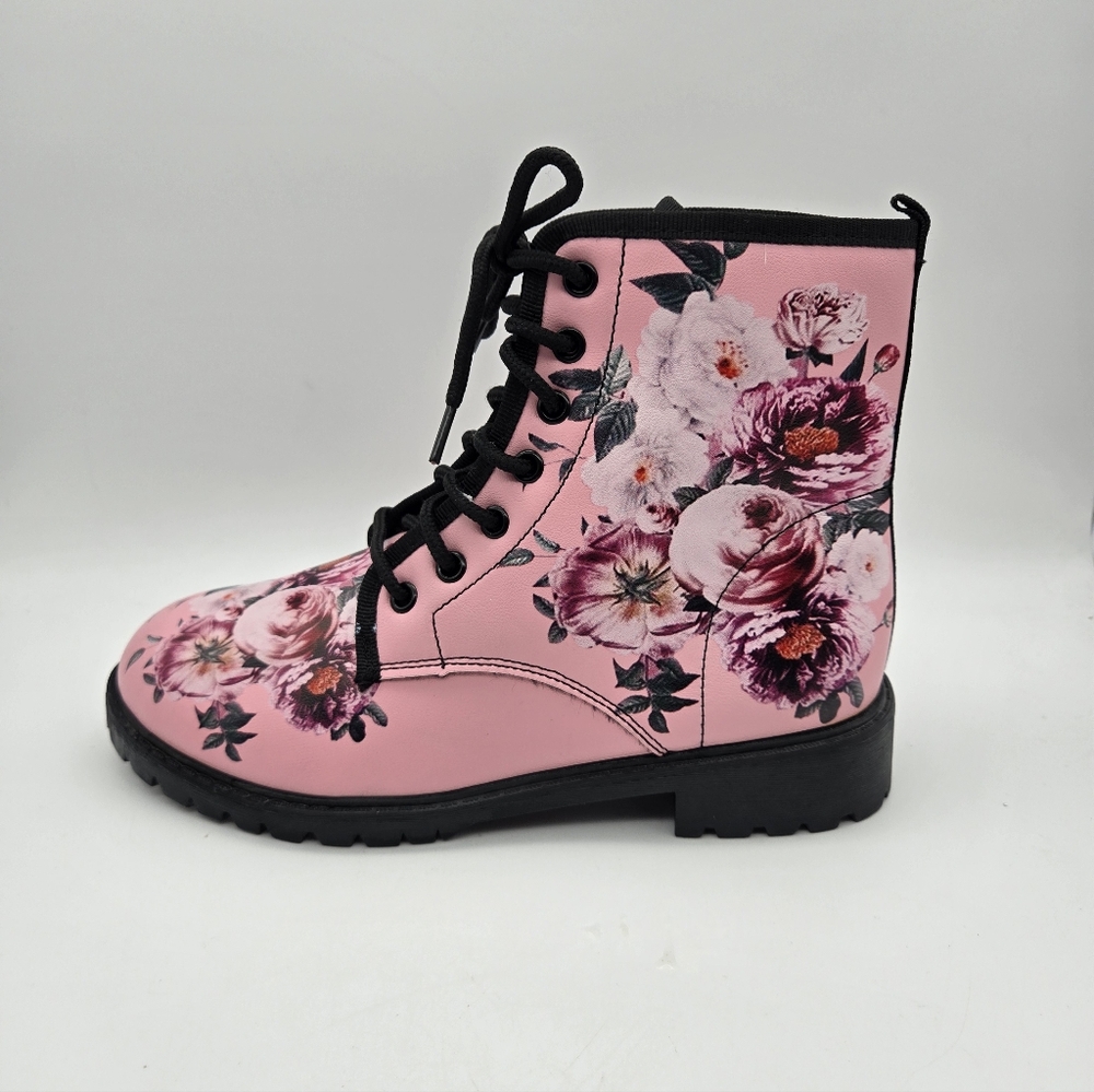 Floral Pink Lace-Up Women's Boots - Picture 5 of 9